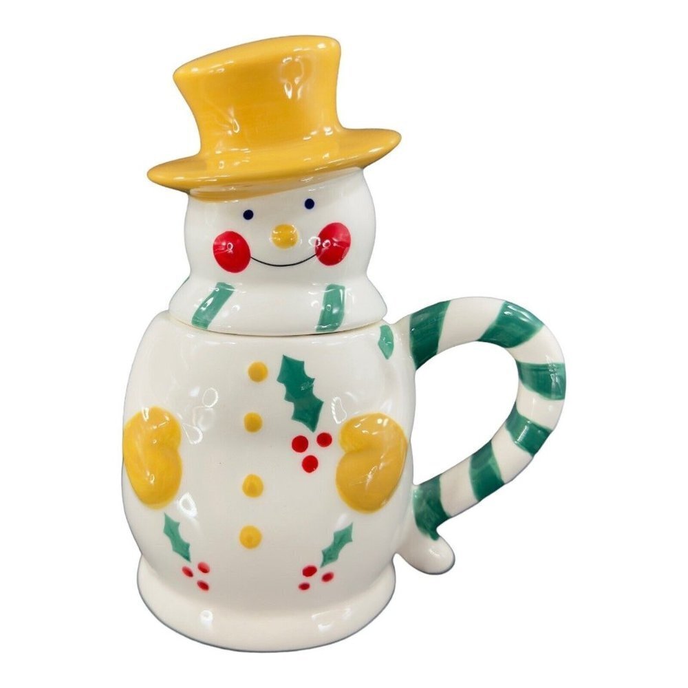 Temptations Tara Snowman Christmas Coffee Mug Ceramic‎ Yellow Top Figural 12OZ